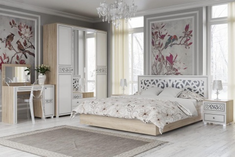 Спальный Гарнитур "Мадлен"  МДФ/Дуб Сонома+Ясень белый Эмаль + Ф/п - Серебро